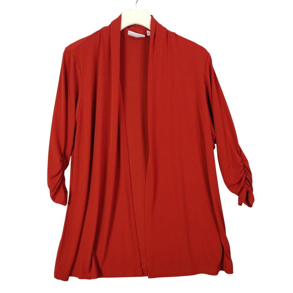 Susan Graver Women Boho Cardigan S Burnt Orange Ruched Sleeve Open Front